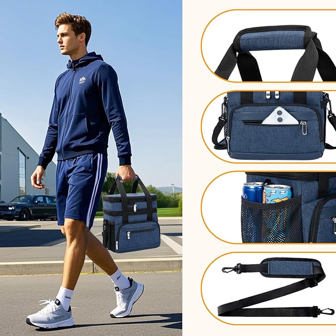 Insulated Lunch Box for Men & Women - Double Layer Leakproof Lunch Bag with Adjustable Shoulder Strap, Expandable Food Cooler for Work, Office, Travel, Camping (Dark Blue)