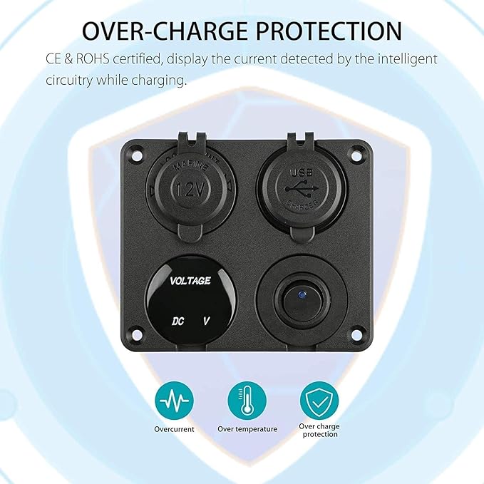Linkstyle 4 in 1 Car Charger Panel, 4.2A Dual USB A Charger Port, Cigarette Lighter Socket with LED Voltmeter & Rocker Switch for 12V/24V Marine Boat RV Truck