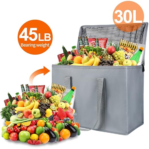 Bodaon 2-Pack Insulated Reusable Grocery Shopping Bags, X-Large Picnic Cooler Bag Top Cold, Grey