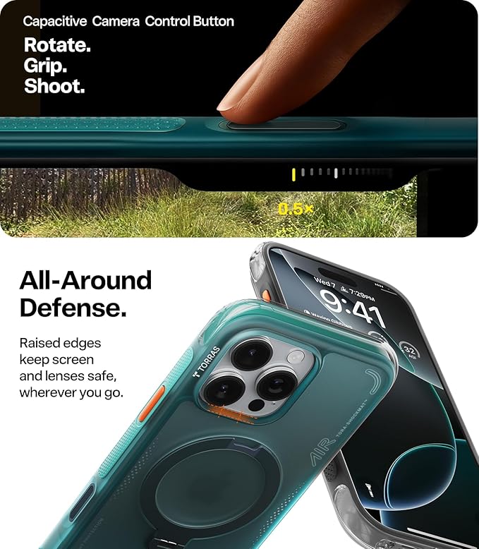 TORRAS Ostand Q3 Air for iPhone 16 Pro Case 6.3'' with Real Airbags, Fit for MagSafe, 360 Magnetic Stand, Mil-Grade Protection, Camera Control Button, Shockproof & Stylish Case for iPhone 16 Pro, Blue