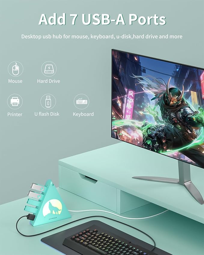 Green 7-Port USB 3.0 Hub,Vertical USB Hub Tower with RGB Lighting & 5Gbps Data Speed, 2FT Cable - Gaming USB Hub Splitter for PC, Desktop, Laptop, PS5, Xbox, Flash Drives