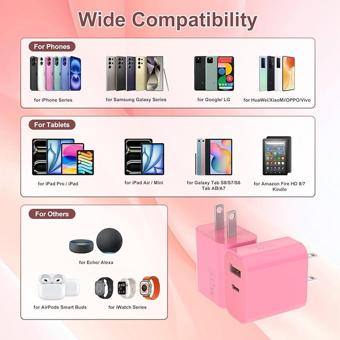 Aolcev for iPhone Charger Fast Charging 2 in 1 USB A USB C Charger Block 30W Cute Type C Fast Charging Blocks for iPhone 17 16 15 14 13 for iPad USB C Charging Adapter for Galaxy S26 S25 Light Pink
