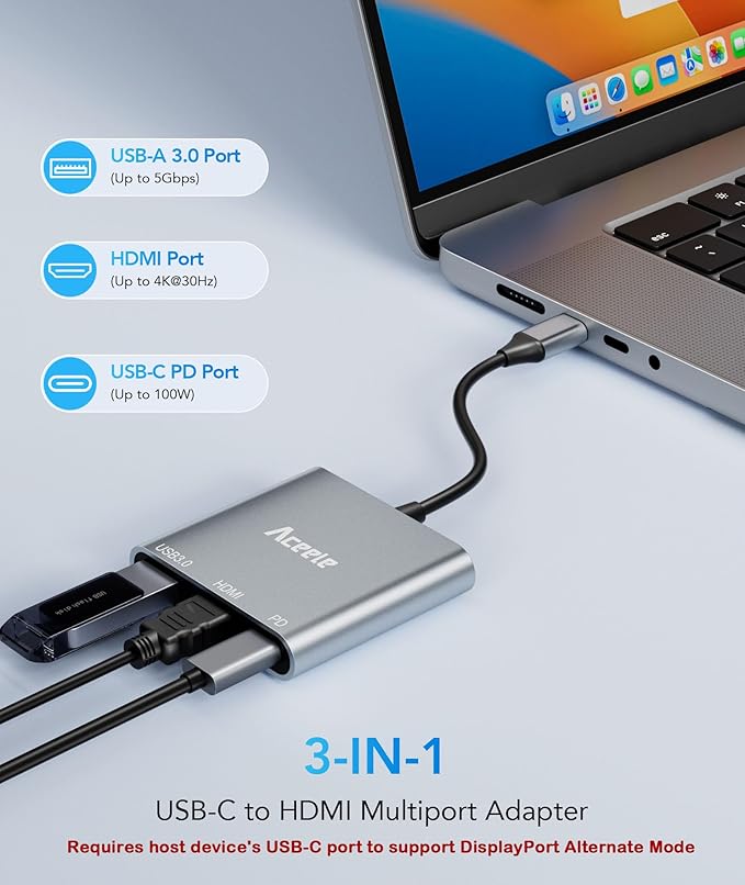 Aceele USB C to HDMI Adapter, USB C Hub with 100W PD 2.0, USB-A 3.0 Data Port, 4K HDMI Output Port, Type C Multiport AV Converter for MacBook Pro/Air, iPad, Tablets, Switch, TV, Monitor and More