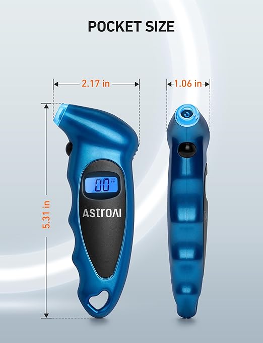 AstroAI Digital Tire Pressure Gauge 0-150PSI Calibrated to ANSI B40.7 +/-1PSI, Accurate in 0.1 Increments, Tire Repair Tools 4 Pressure Measurements for Car Truck with Backlight LCD, Blue