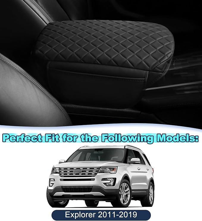 Center Console Cover for Ford Explorer Arm Rest Lid, Diamond Quilted Armrest Pad with 1-Inch Comfort Lift (2011-2019)