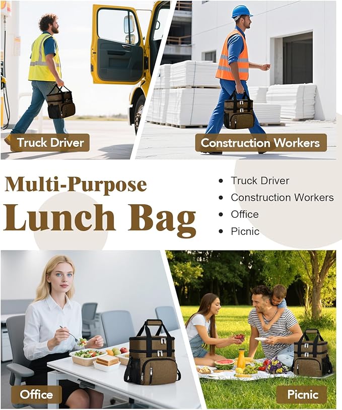 Insulated Lunch Bag for Men & Women, Double Leakproof Lunch Box Soft Cooler Tote with 5 Pockets, 600D Oxford, EVA Lining, Adjustable Strap for Work, Picnic, Beach&Travel-Coffee