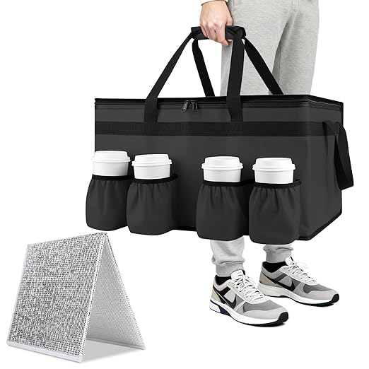 CIVJET Insulated Food Delivery Bag with 4 Cup Holder and Bottom Support, XX-Large Insulated Grocery Bags Keep Food Hot/Cold, Cooler Bags with Drink Carrier, Food Carrier Catering Bag for Events, Black