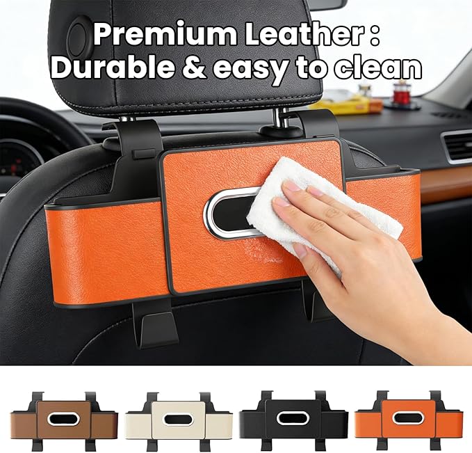 Multifunctional 3‑in‑1 Car Seat Back Storage Box Organizer with Cup Holders, Tissue Box Slot & Headrest Hooks – Backseat Car Organizer for Phones, Snacks, Drinks, Bags, Travel Storage (Brown)
