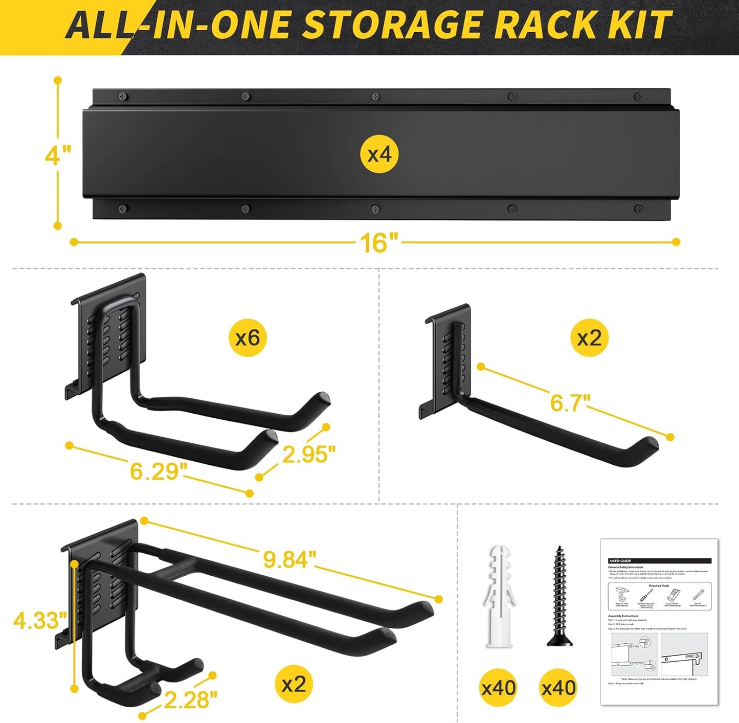 64 Inches Garage Storage, Garage Organization, Wall Mount Garden Tool Organizer, Max 620lbs Adjustable Metal Hooks, Yard Shed Rack, Tool Holder for Hanging Rake Broom Mop Snowboard, Home Gift
