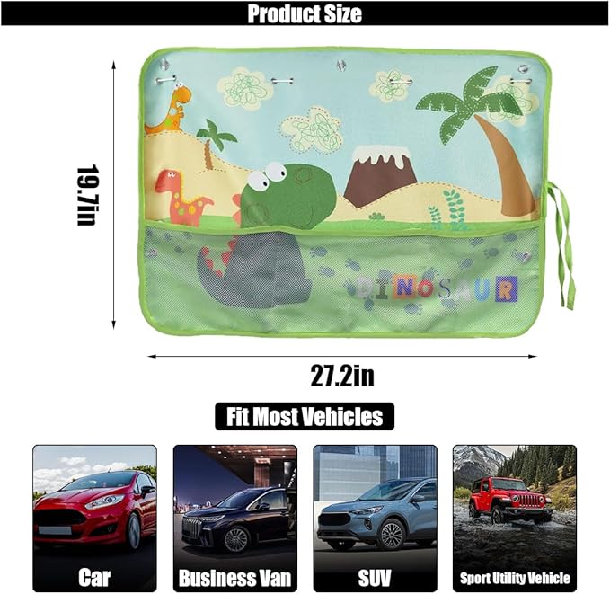 Car Window Shade for Baby, Blackout Car Window Curtain with Storage Pockets & 7 Suction Cups, Cartoon Pattern Cars Side Window Sun Shade Cover for Sun/Heat/UV Rays Protection (Green-Dinosaurs)