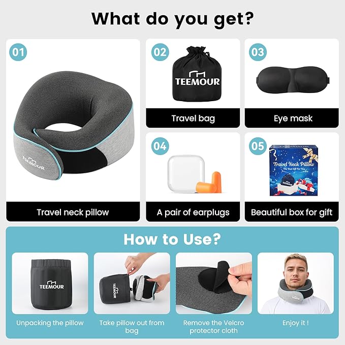 Travel Pillow-Neck Pillows for Airplanes, Memory Foam Travel Neck Pillow for Long Flights|Airport Travel Essentials 360° Support Gifts for Travellers With Eye Mask & Earplugs, Portable Carry Bag