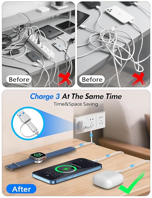 Travel Essentials for Apple Watch Charger,iPhone Charger,3 in 2 Type C/L/Magnetic Fast Charging Cable,Multi Charging Cable Portable Designed for iWatch Series,iPhone 17-11,Galaxy S26-S21,Car-5FT