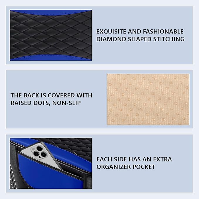 Leather Car Center Console Cover,Upgraded Center Console Cushion Pad with Side Pockets,Patchwork Arm Rest Cover for Car,Waterproof Armrest Seat Box Covers,Universal for Most Vehicles (Blue)