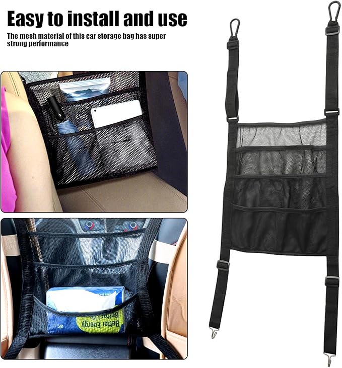 Pack-1 Car Seat Back Net Bag, Organizer Storage Between Front Seats, Barrier of Backseat Pet Kids, Net Car Handbag Holder Universal for Most Cars (Black)