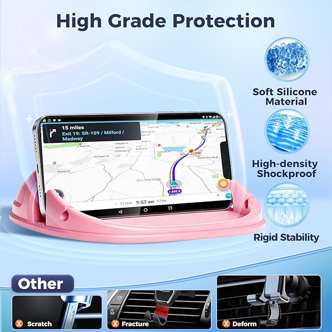 Loncaster Car Phone Holder, Car Phone Mount Silicone Car Pad Mat for Various Dashboards, Slip Free Phone Stand Compatible with iPhone, Samsung, Pink