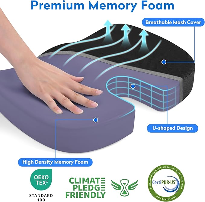 XXLSeat Cushion Office Car Seat Cushion, Memory Foam Cushion for Office Chair, Car Seat, Airplane, Bleacher Non-Slip Chair Pad, Butt Pillow for Desk, Wheelchair, Car (Black)