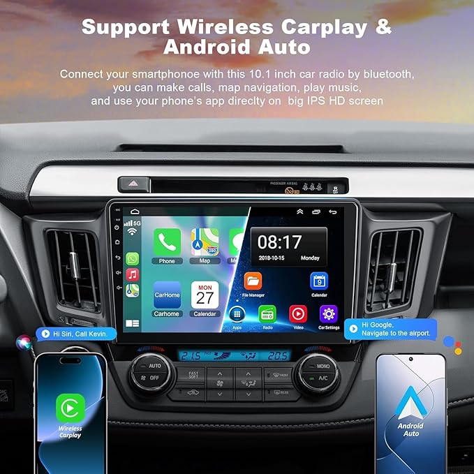 4G+64G Car Radio Stereo for Toyota RAV4 2013-2018, Wireless Carplay&Android Auto with Android 13 Support Bluetooth/Voice Control/GPS/WiFi/Back-up Camera/SWC/FM, 10.1 Inch IPS Touch Screen