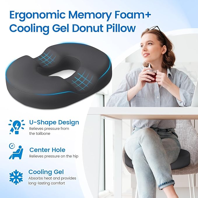 Donut Pillow Seat Cushion - Cooling Gel Outdoor Chair Cushions, Memory Foam Seat Cushion for Office & Home, Car Seat and Patio Furniture Cushions, Hemorrhoids Pillow and Tailbone Pain Relief, Grey