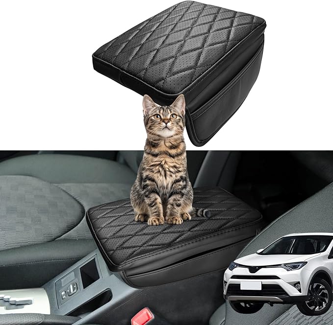 Center Console Armrest Cover Compatible with Toyota RAV4 2013-2018 Leather Middle Console Arm Rest Box Protector Cushion Padding with Side Pockets Anti-Scratch Black