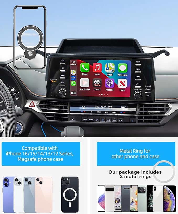 Car Phone Holder for Toyota Sienna 2021-2024 Accessories Apply to 9 Inch Screen Fixed Clip Magnetic Cell Phone Mount Hands-Free 360 Degree Rotation with Dashboard Storage Tray