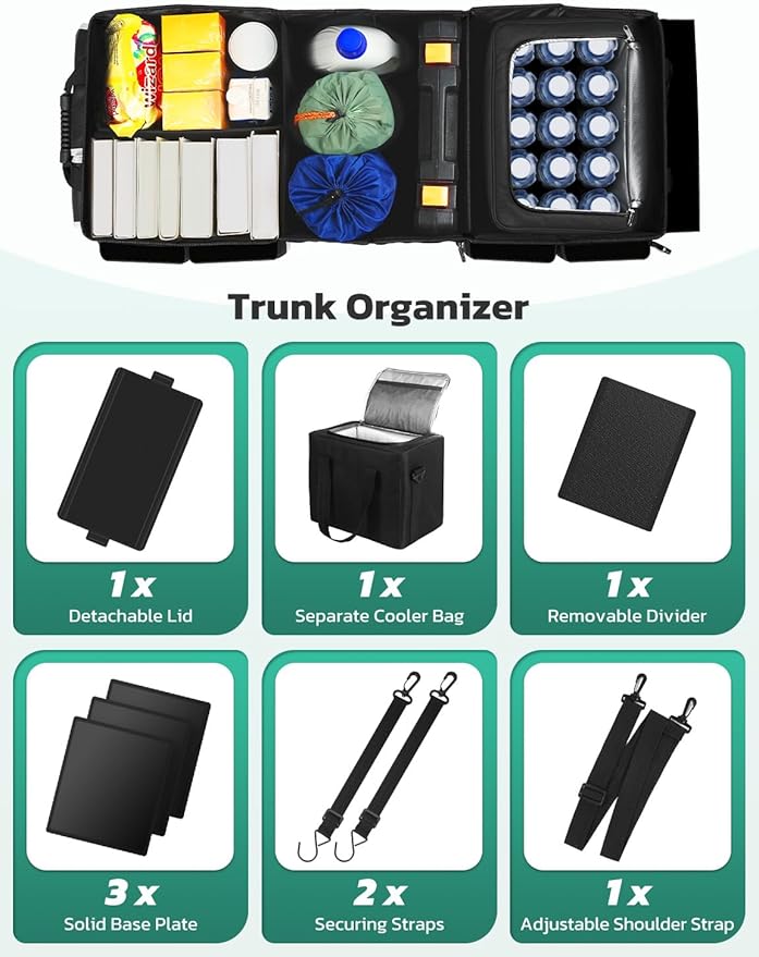 Oasser Trunk Organizer with Cooler Bag 95L, Bearing 110lb No Deformation, Collapsible with Multi Compartments, Removable Insulated Bag, Foldable Lid, Non Slip Bottom, 2 Adjustable Straps (Black&Grey)