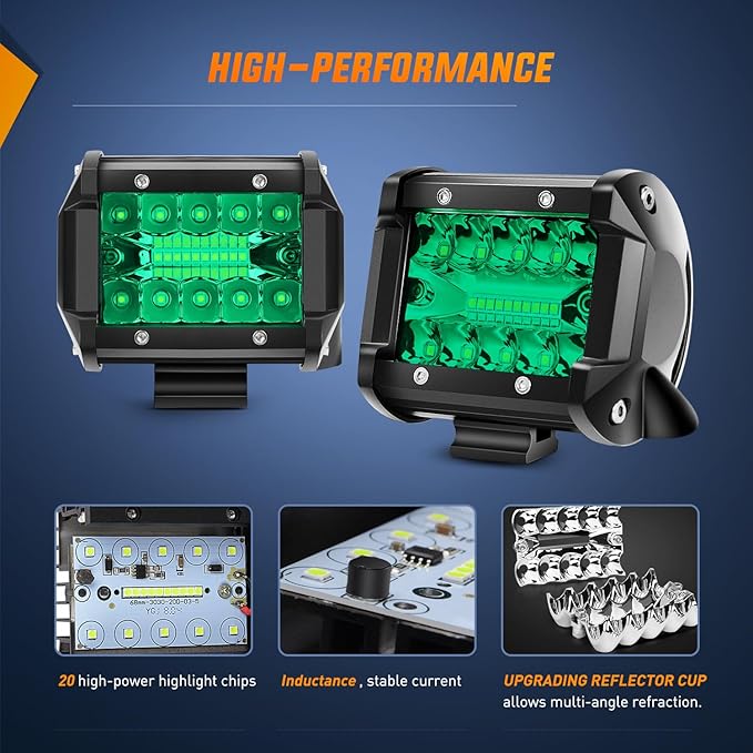 Nilight 4 Inch LED Light Pods Green Triple Row 2PCS 60W Flood Spot Combo Off Road Driving Fog Fishing Hunting Emergency Safety Signal Deck Trailer Lighting for UTV Pick-up Van Boat Tractor