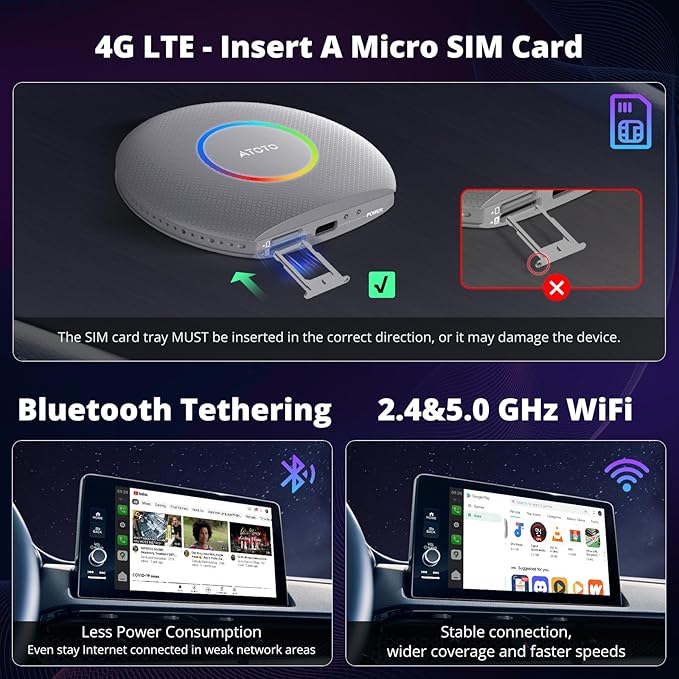ATOTOZONE CB6 Wired CarPlay to Wireless CarPlay/Android Auto Adapter with Bluetooth, Wireless CarPlay AI Box, AI Voice Dongle with GPS Tracking, 4GB+64GB, Silver