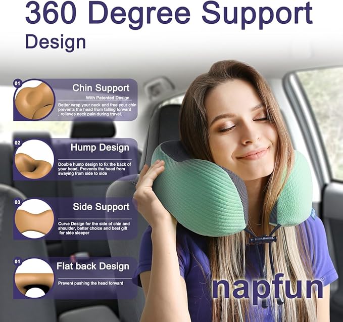 napfun Neck Pillow for Traveling, Upgraded Travel Neck Pillow for Airplane 100% Pure Memory Foam Travel Pillow for Flight Headrest Sleep, Portable Plane Accessories, Turquoise Striped Kit