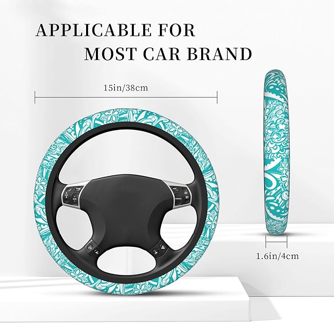 Hawaiian Teal Tribal Turtles Car Steering Wheel Cover for Women Men Stretch Cloth Anti-Slip Wrap Protector Case Fit Universal Auto Accessories Decor Sweat Absorption 14-15 Inch