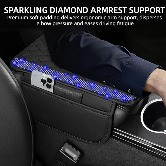 NBTEPEM Bling Car Center Console Cover, Leather Car Arm Rest Cover Cushion with 2 Storage Bags, Universal Automotive Armrest Protector Storage Box, Bling Accessories Interior for Most Vehicles (Blue)