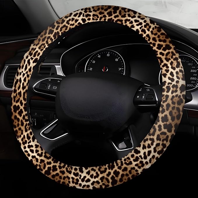 Car Steering Wheel Cover, Universal 15 Inch Neoprene Non-Slip Steering Wheel Covers, Funny Car Accessories for Women Men Fit Auto, Suvs, Truck Cute Brown Leopard