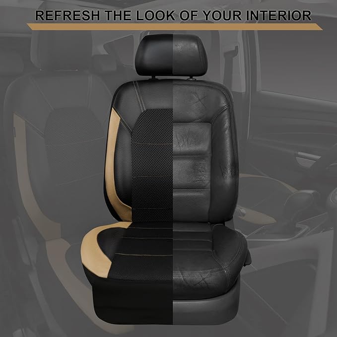 CAR PASS Leather seat Covers,Automotive Universal Sport car seat Cover Super 5mm Composite Sponge Inside,Airbag Compatible fits Most Cars, SUVs, Trucks, and Vans (Full Set,Black and Beige)