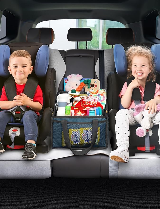 YOHOOLYO Car Seat Organizer Backseat Car Organizer with 4 Compartments, 4 Cup Holders and 7 Mesh Pockets for Front and Rear Seat, Blue