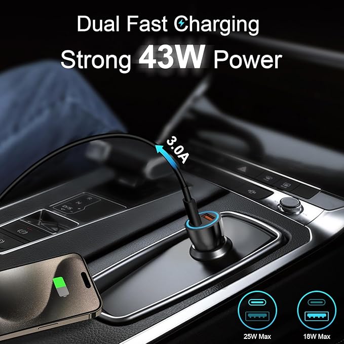 iPhone 17 16 15 Car Charger, [Apple MFi Certified] USB C Car Charger 43W Fast Charging with 3.3 FT Type C to C Cable, USB Car Adapter for iPhone 17/17 Pro/17 Pro Max/Air/16/15