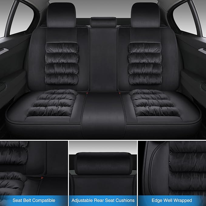 AOOG Fuzzy Car Seat Covers, Heated Bench Back Cushion Protector for Cars SUV Trucks(Full Set,Black)