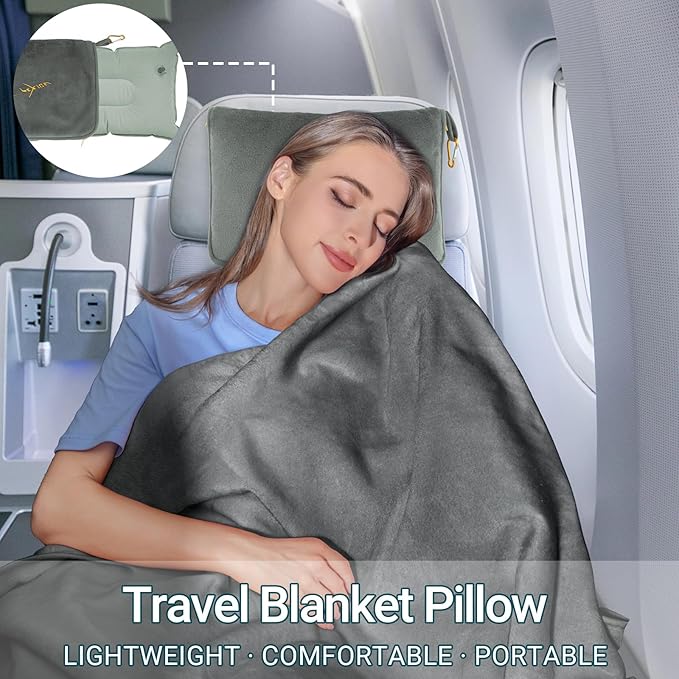 Travel Blanket and Pillow Set for Airplane, 300 GSM Soft Fleece Compact Travel Blanket with Inflatable Pillow and Carry Bag, 60x43 Inches, Grey