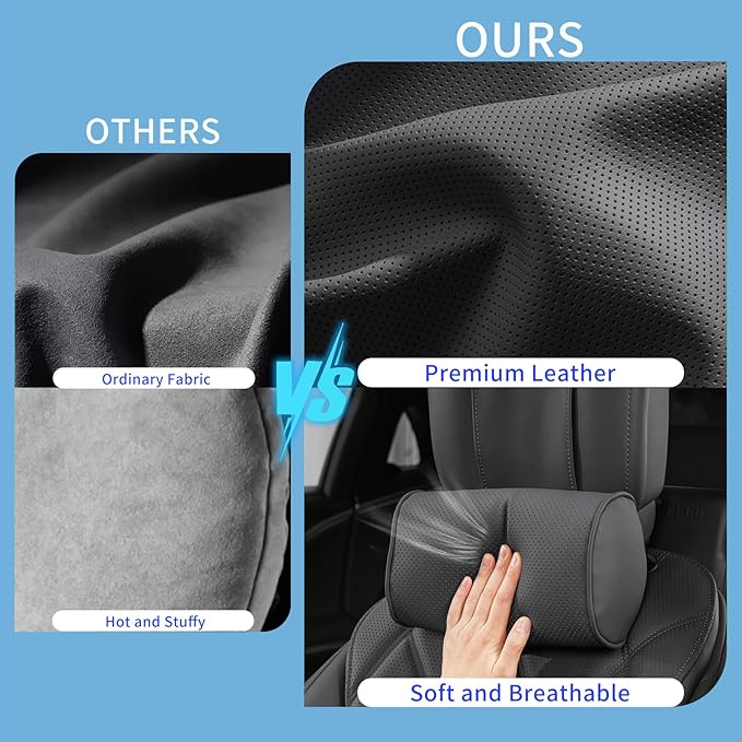 Car Headrest Pillow for Driving - Luxury Leather 100% Memory Foam, Ergonomic Neck Support - Universal Fit Head Rest Travel Pillow for Most Cars, Home & Office, Black, 2 Pack