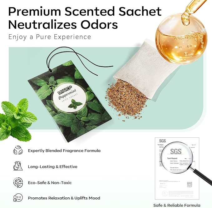 MYARO 12 Pack Peppermint Scented Sachets for Drawer, Closet Odor Eliminator Air Freshener Bags, Cool Mint Fragrance for Car & Home Aroma