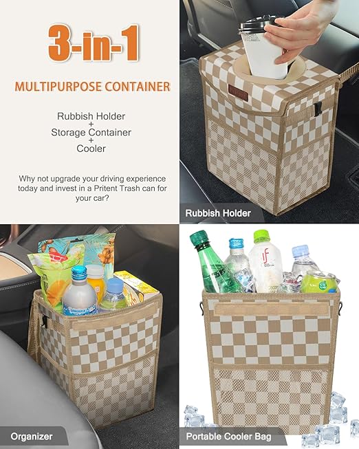 Pritent Car Trash Can with Lid, Cute Leakproof Car Trash Garbage Bag Hanging Vehicle Trash Bin Small Portable Automotive Garbage Cans Organizer for Back/Front Seat(Trapezoid,Khaki Checkered)