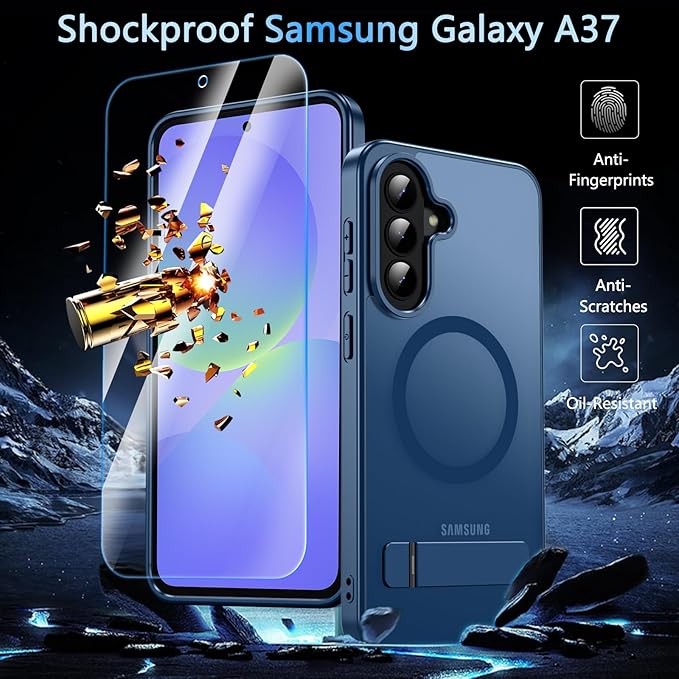 OWKEY for Samsung Galaxy A37 5G Case with Stand, Magnetic Shockproof Case Fit for Magsafe Translucent Matte Cover for Samsung A37, Blue