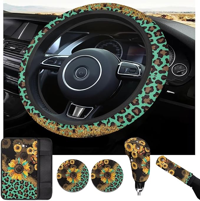 Sunflower Car Accessories 6pcs Set Leopard Hippie Steering Wheel Cover Handbrake Gear Cover Cup Coasters Set for Truck SUV