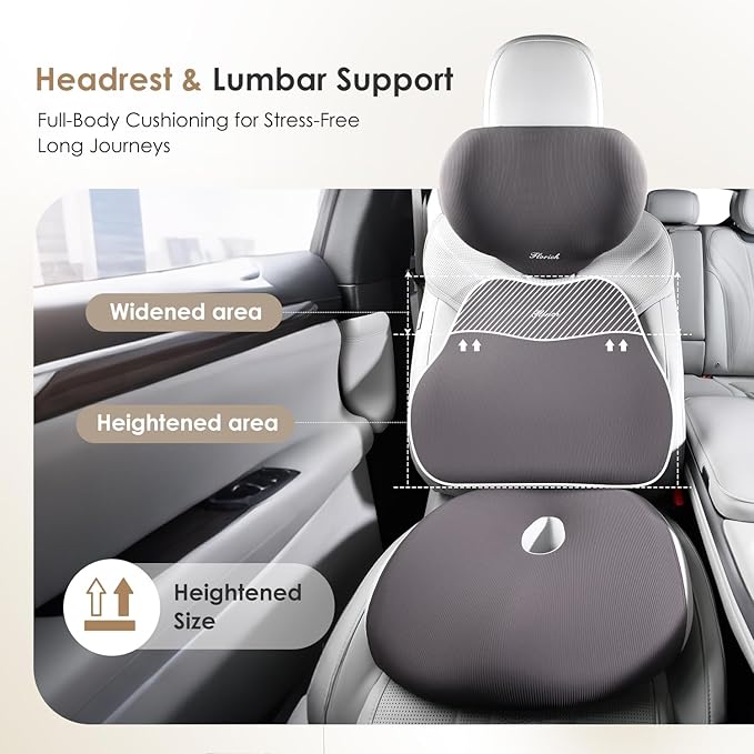 FLORICH Car Seat Cushion & Lumbar Support Pillow & Car Neck Pillow, Ergonomic Memory Foam Driving Seat Cushions for Back & Sciatica Pain Relief, Non-Slip Cushion for Car, Office Chair,Wheelchair-Gray