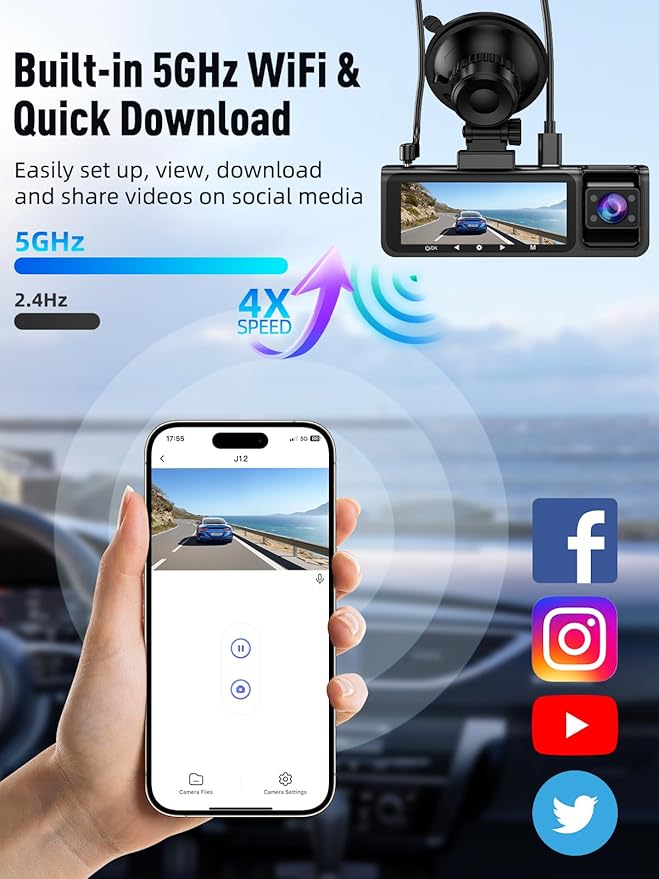 3 Channel 5G WiFi Dash Cam, 4K+1080P+1080P Dash Cam Front and Rear with 64GB Card, Dash Camera for Car with HDR IR Night Vision, G-Sensor, 24/7 Parking Mode, WDR, Support 128GB Max - Gray