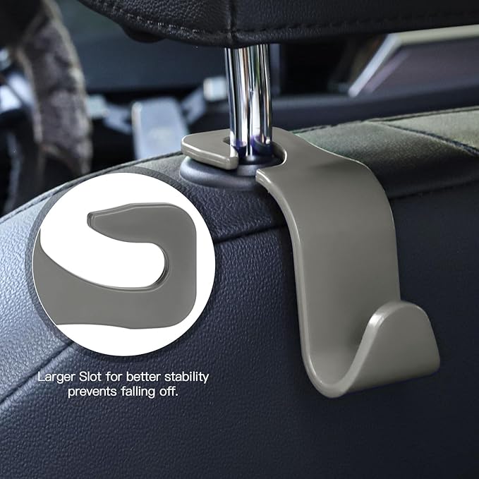 Soleebee 4 Pack Car Headrest Hooks - Universal Auto Hooks, Back Seat Hangers, Storage Organizer (Grey)