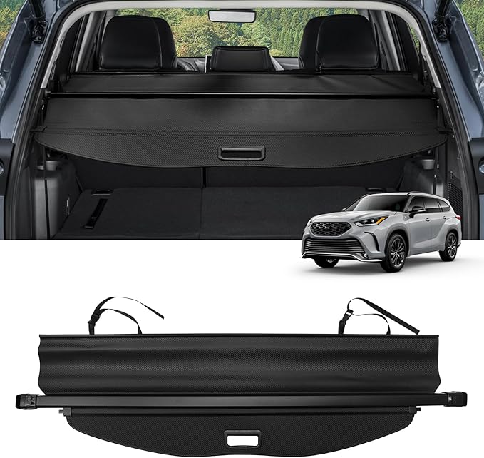 Cargo Cover for Toyota Highlander 2022 2023 2024 2025 2026 Accessories Retractable Trunk Cover Security Shielding Shade Cargo Luggage Cover Trunk Privacy Protection (Carbon Fiber Texture)