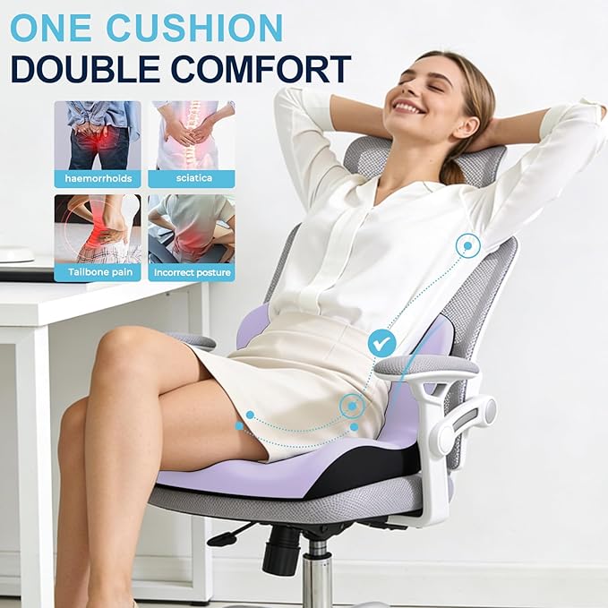 Seat Cushion for Office Chair and Car, L-Shaped Ergonomic Car Seat Cushions, Memory Foam Chair Cushion, Lumbar Support Pillow for Wheelchair, Car, Home, Office, Purple