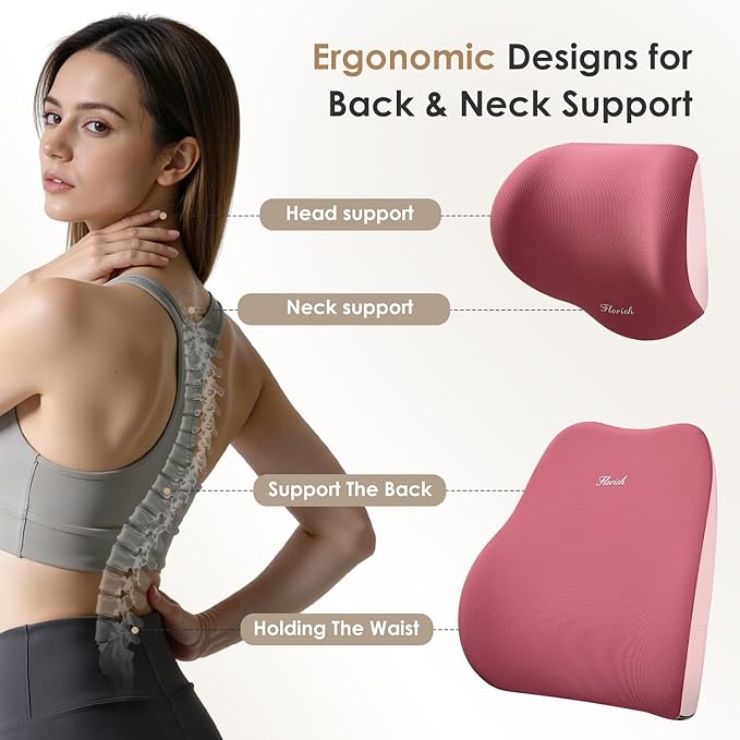 FLORICH Car Seat Cushion & Lumbar Support Pillow & Car Neck Pillow, Ergonomic Memory Foam Driving Seat Cushions for Back & Sciatica Pain Relief, Non-Slip Cushion for Car, Office Chair,Wheelchair-Pink