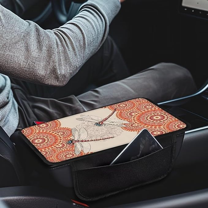 Dragonfly Bohemia Mandala Pattern Car Armrest Cover Stretchy Vehicle Box Cover Protector Lightweight Auto Center Console Pad Armrest Seat Box Cover Protector