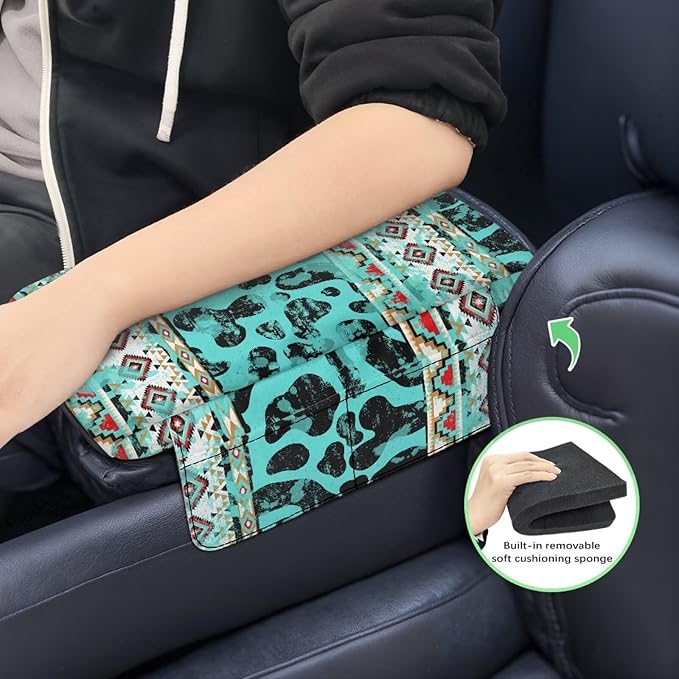 Wanyint Aztec Cow Print Teal Auto Center Console Armrest Cover Arm Rest Seat Box Protective Cover with Side Storage Pockets Comfortable Middle Console Pad for Car Side Storage Box