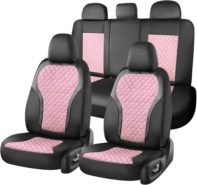 Coverado Car Seat Cover 5 Seats, Leather Seat Covers Full Set, Durable Waterproof Car Seat Protectors, Black and Pink Seat Cover, Spill-Proof Automotive Seat Covers Universal Fit for Most Cars Trucks